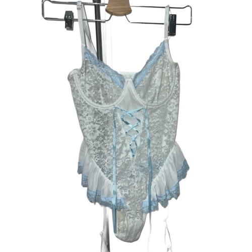 Lace bodysuit with ruffles and garter laces, white and turquoise