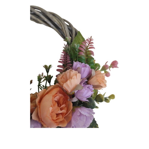 Wreath 30 cm with orange and purple peonies, purple polka dot bows and yellow bee