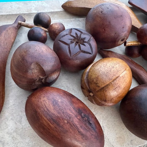 Vintage handmade wooden decorative set with wooden fruits