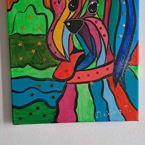 Painted canvas used with dog motif, 40x30 cm