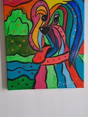 Painted canvas used with dog motif, 40x30 cm