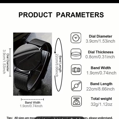 Geneva men's minimalist quartz watch black mesh bracelet