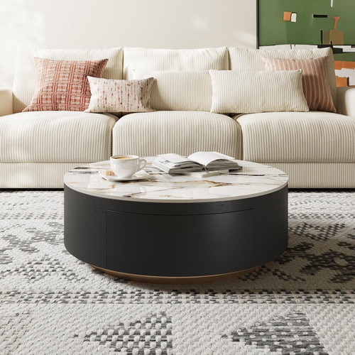 Modern coffee table with oak veneer and sintered stone top, new