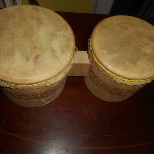 Wooden double tambourine used, diameters 16 and 13 cm with 3 unused Czechoslovak harmonicas from 1950s