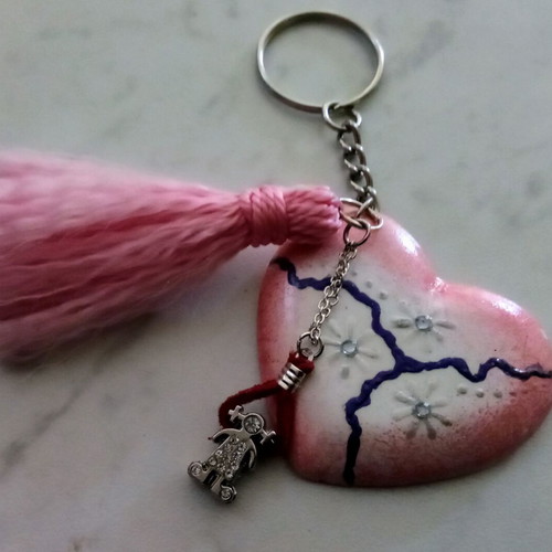 Handmade heart keychain new, pink and white