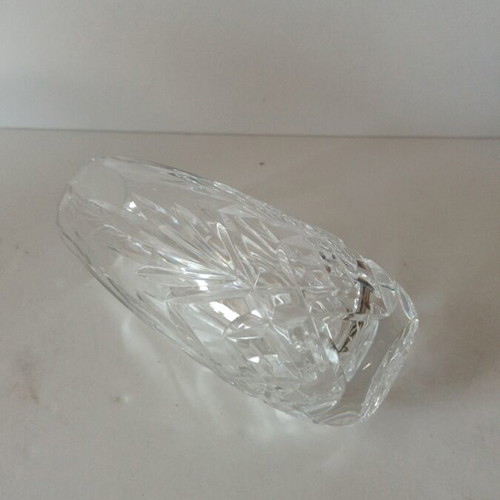 Vintage crystal oval barrel vase with cut glass, 13 cm