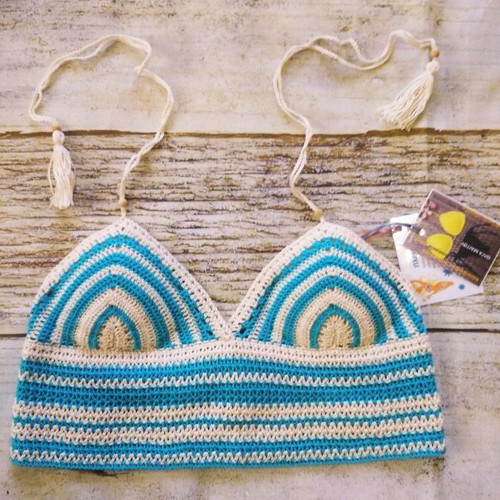 Handmade knitted swimsuit new, size M/L, beige and turquoise