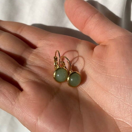 Handmade minimal retro earrings with green aventurine stone, gold color