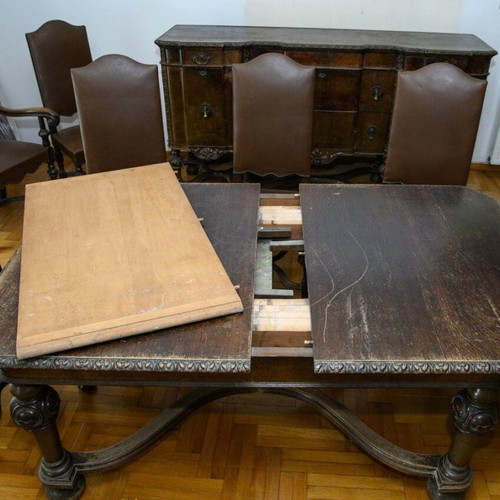 Tudor Jacobean dining set used, table and 6 chairs, antique