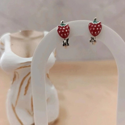 Strawberry Clip Earrings new, red and silver