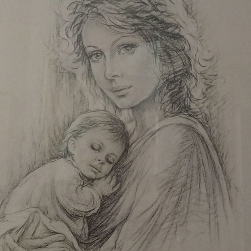 Vintage painting Mother with Child by Giuseppe Tarantino used, lithograph