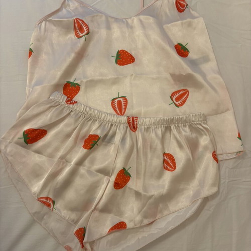 Satin pink pajamas with strawberries new, size S/M