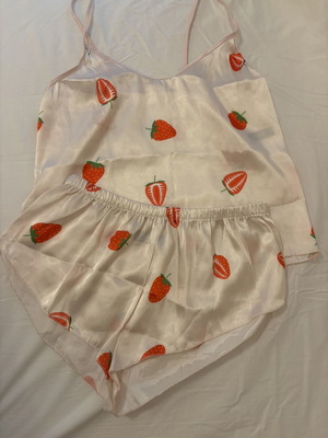 Satin pink pajamas with strawberries new, size S/M