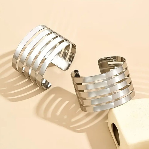 Double Set of Metal Cuff Bracelets New Silver