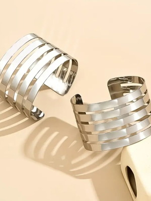 Double Set of Metal Cuff Bracelets New Silver