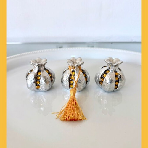 Set of 3 decorative pomegranate miniatures silver with crystals and tassel new
