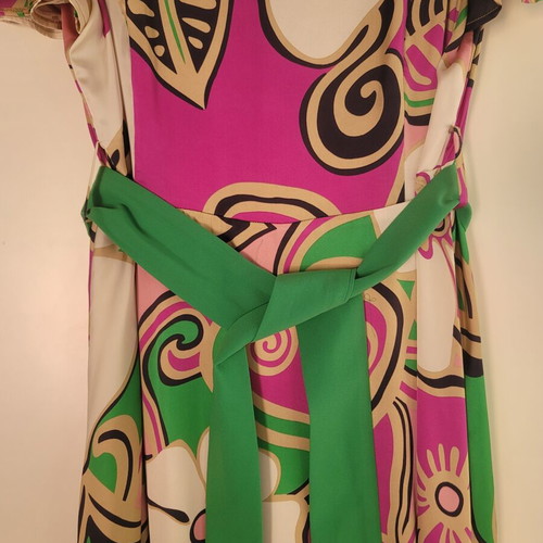 Bariana Colourful Floral Midi Dress with Green Belt Size L 44 like new