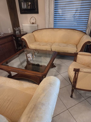 Carved Walnut Living Room Set used, gold silk color, 3-seater 2-seater and single with 2 tables