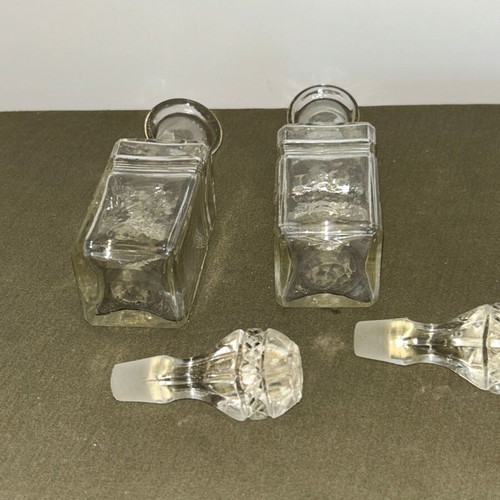 Vintage glass bottles set of 2 with embossed stoppers