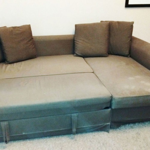 Ikea sofa bed used with cushions, corner, needs deep cleaning