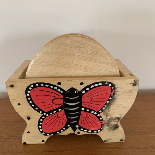 Wooden coasters with holder, handmade, like new, butterfly design, set of six