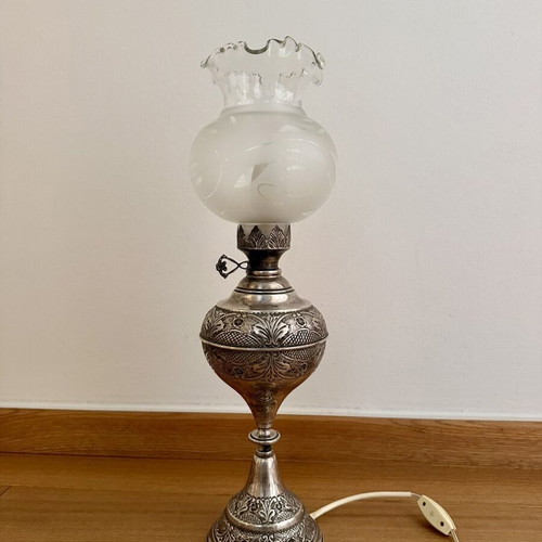 Collectible table lamp silver 925 with glass shade like new