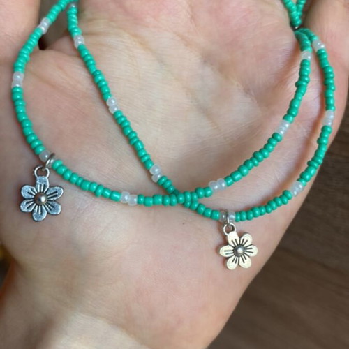 Friendship necklaces set of 2 in turquoise and green with flower charm