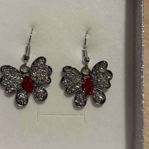 Butterfly Earrings like new with rhinestones and red stone