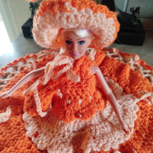 Doll with handmade dress, hat and bag new