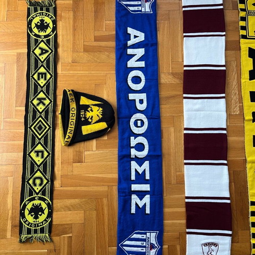 Collection of used football scarves, beanie and shirt set