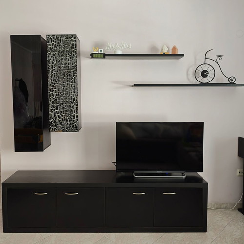 Living room TV unit with glass storage boxes, black