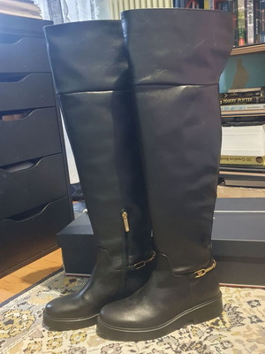 Leather horsebit riding long boots for women, Tommy Hilfiger, black and gold, size 39