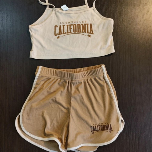 California kids' set crop top and shorts used, beige and brown, 6 years