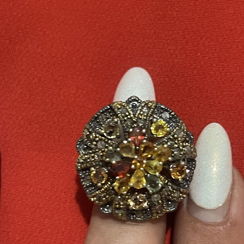 925 silver and 9K gold ring with diamonds and semi-precious stones, size 57