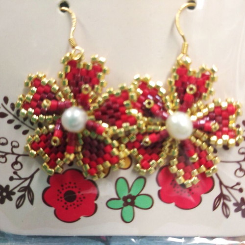 Handmade flower earrings red and gold, new