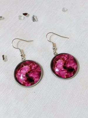 Drop earrings with cabochon Pink Waters made of stainless steel