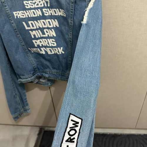 Pink Woman denim jacket like new, blue with modern rips and designs