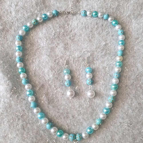 Handmade beaded turquoise and white summer necklace and earrings set new