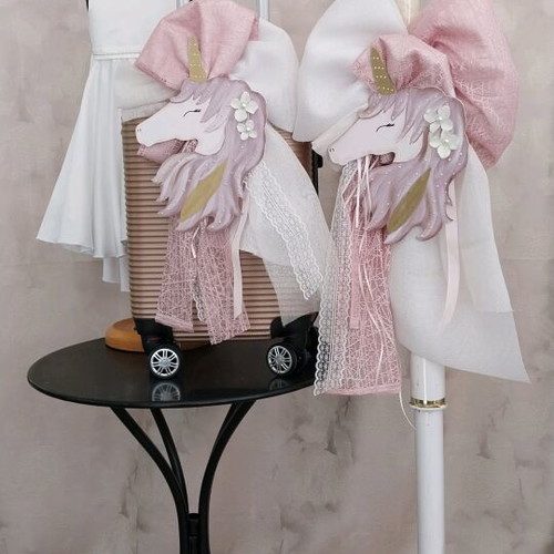 Baptism set unicorn theme white satin dress open back