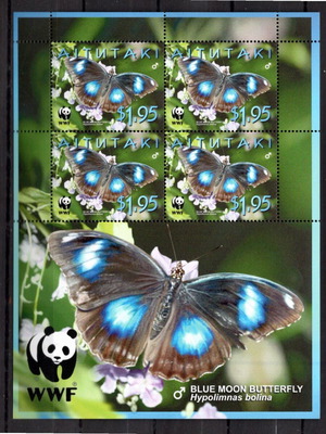 Γραμματόσημα Ωκεανία Aitutaki 2008 WWF πεταλούδες ασφράγιστα, 4 σε φυλλαράκι