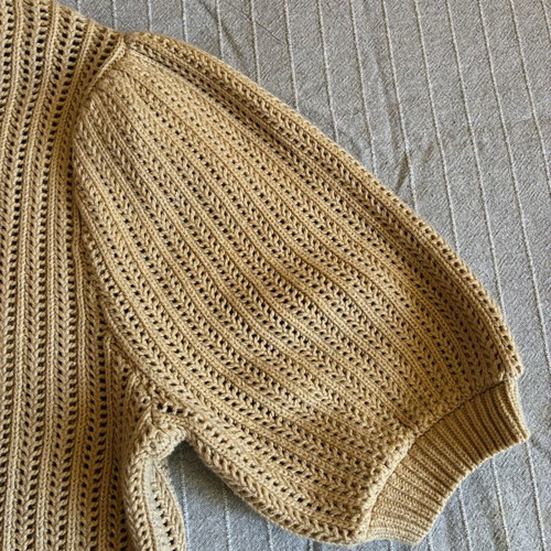Short Sleeve Knit Top beige with silver shimmer thread, like new, size S