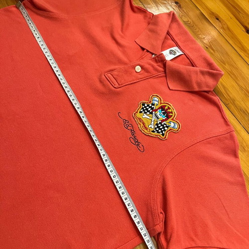 Ed Hardy men's orange polo shirt used with skull backprint