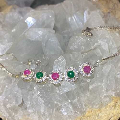 Handmade silver bracelet with natural emerald, ruby and moissanite, new