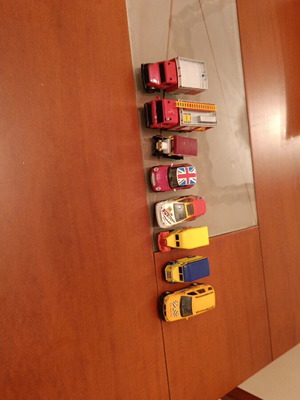 Toy vehicles used, fire trucks, cars, van