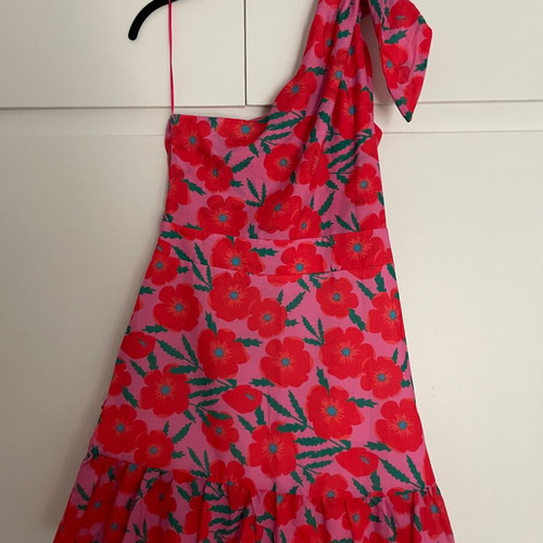 Karavan mini dress with one shoulder, new, pink with red flowers, size M