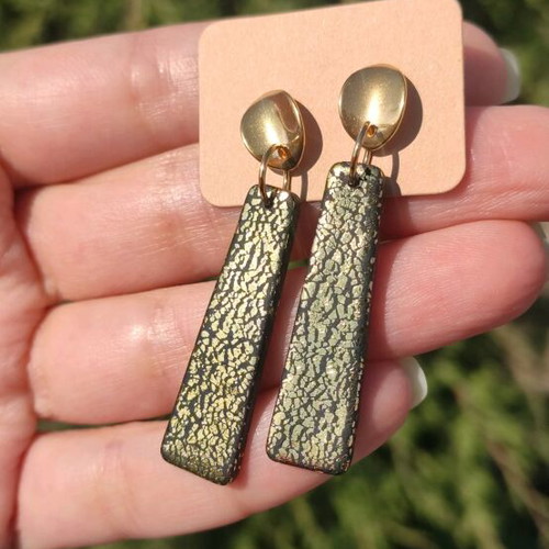 Handmade earrings new, black and gold polymer clay with steel clasp