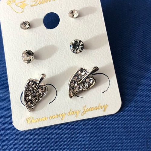 Silver Tone Rhinestone Stud and Leaf Earring Set new fashion jewelry