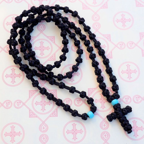 Prayer komboskini 100 beads with blue bead, handmade, new