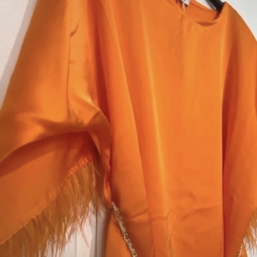 Orange satin short dress new with feathers and chain belt