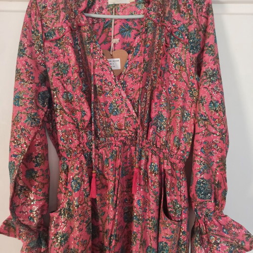 Pink coral dress with multicolor paisley and gold print, Large